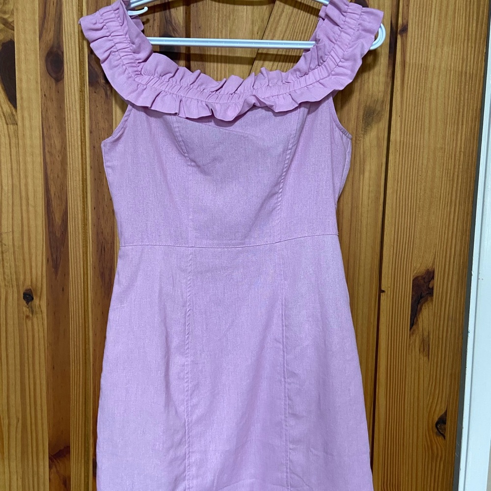 Kendall & Kylie Lilac Ruffle-Neck Casual Dress off the shoulder back zipper